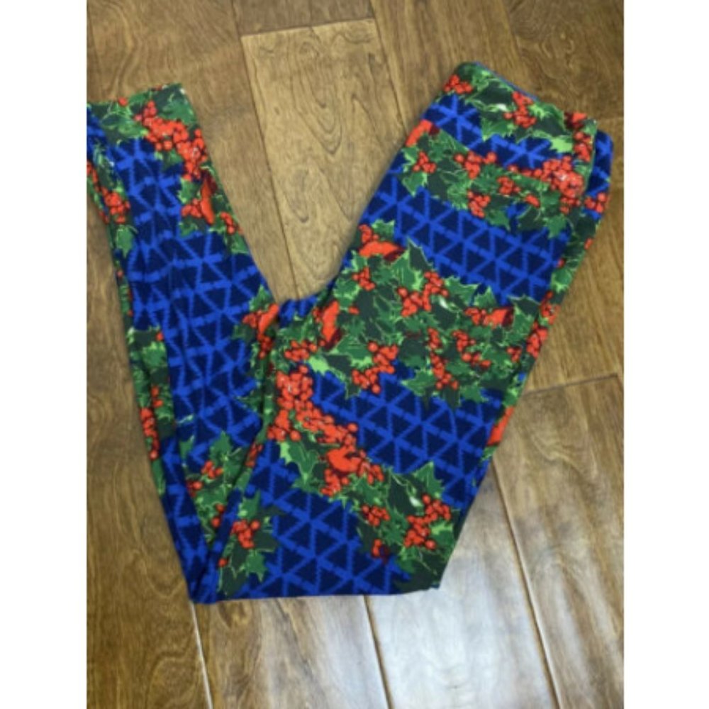 LulaRoe OS Blue Leggings Green Holly Red Berries